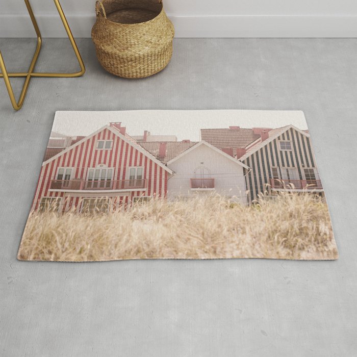 Beach Houses - red and blue stripped coastal house - travel photography Rug