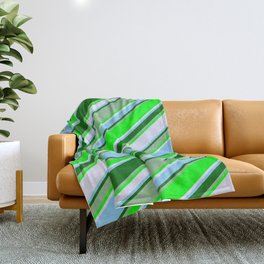 [ Thumbnail: Eye-catching Dark Sea Green, Lime, Lavender, Light Sky Blue, and Dark Green Colored Stripes Pattern Throw Blanket ]