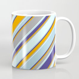 [ Thumbnail: Eyecatching Dark Slate Blue, Orange, Dark Gray, Light Cyan, and Light Blue Colored Stripes Pattern Coffee Mug ]
