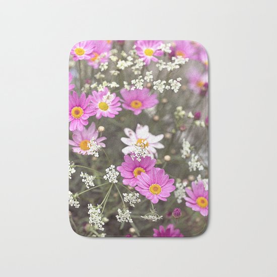Pink Daisy Wildflower Summer Meadow Bath Mat