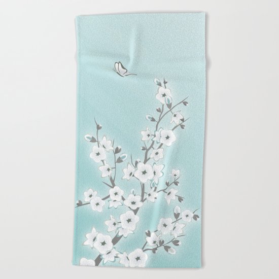 Cherry Blossoms Mint White Beach Towel