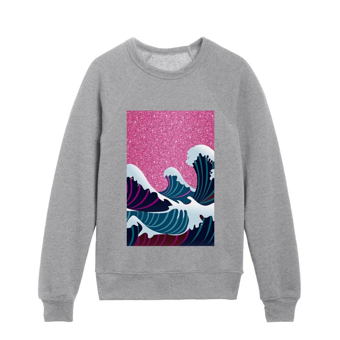 Abstract White Navy Blue Pink Glitter Japanese Waves Kids Crewneck