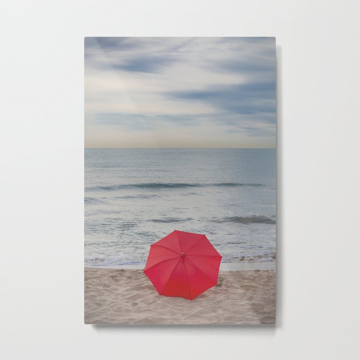 Red Umbrella lying at the beach III Metal Print