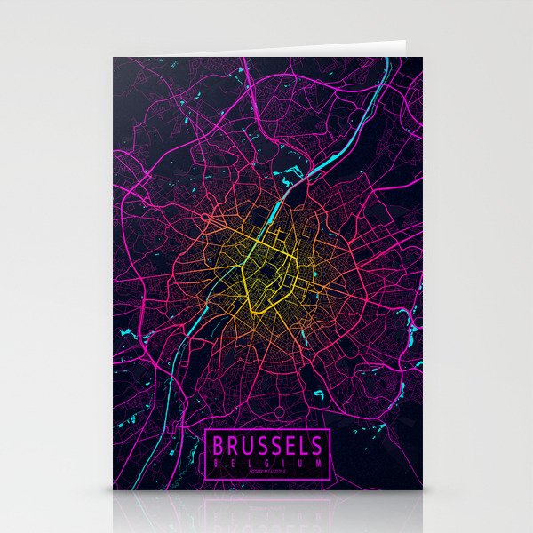Brussels City Map of Belgium - Neon Stationery Cards