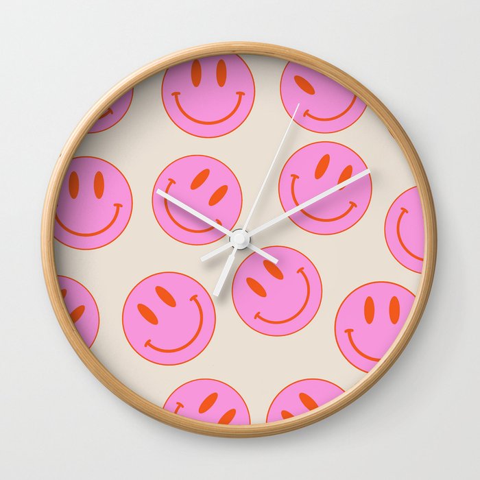 Keep Smiling! - Large Pink and Beige Smiley Face Pattern Wall Clock
