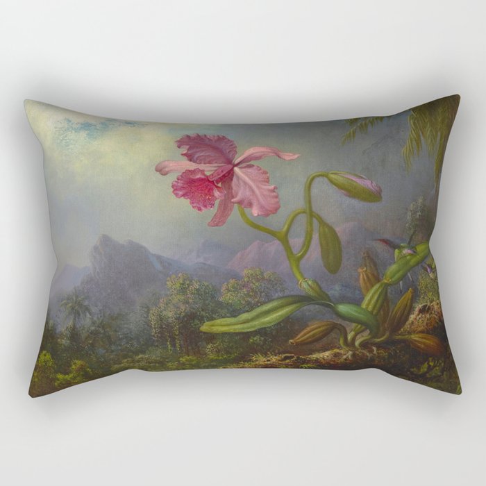 Two Hummingbirds with an Orchid, 1875 by Martin Johnson Heade Rectangular Pillow