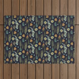 Plants Pattern Branches Leaves Green Navy Floral Watercolor Outdoor Rug