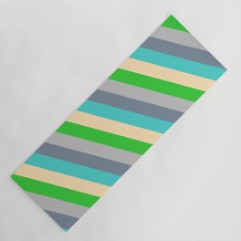 [ Thumbnail: Eyecatching Grey, Light Slate Gray, Turquoise, Beige & Lime Green Colored Stripes/Lines Pattern Yoga Mat ]