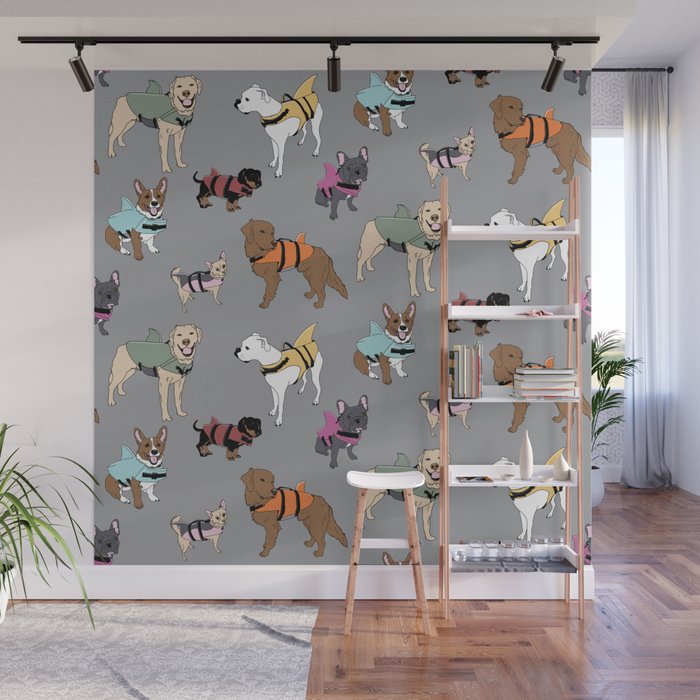 Dog Sharks (dogs in shark life-jackets) on grey Wall Mural