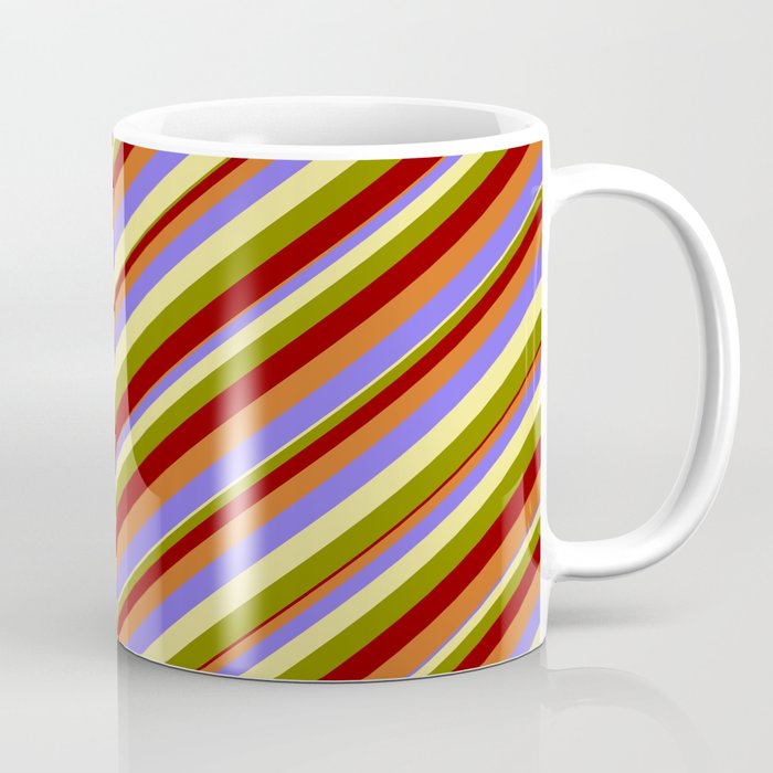 Eyecatching Medium Slate Blue, Tan, Green, Dark Red & Chocolate Colored Striped/Lined Pattern Coffee Mug