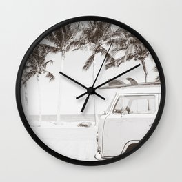Retro Camper Van With Surf Board Black & White Wall Clock