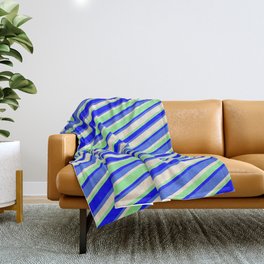 [ Thumbnail: Light Green, Blue, Royal Blue & Beige Colored Striped/Lined Pattern Throw Blanket ]