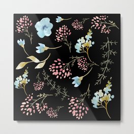 Midnight Wild Flower Garden Metal Print | Flowers, Garden, Pattern, Vintage, Watercolor, Graphicdesign, Pink, Wild, Blue, Pastel 