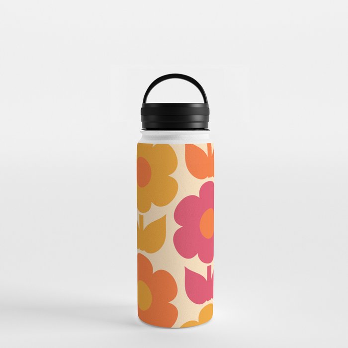 Jonnty Flowers Retro Floral Pattern Orange Magenta Mustard Cream Water Bottle