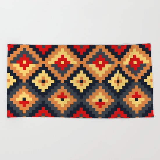 Aztec pattern-red, brown, nude, blue Beach Towel