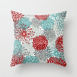 Festive, Flowers in Red, Teal and Gray Throw Pillow