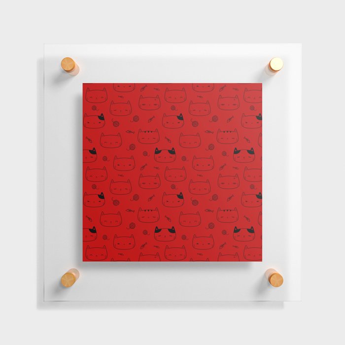Red and Black Doodle Kitten Faces Pattern Floating Acrylic Print