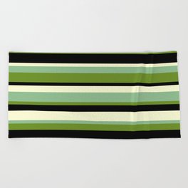 [ Thumbnail: Dark Sea Green, Green, Black & Light Yellow Colored Striped/Lined Pattern Beach Towel ]