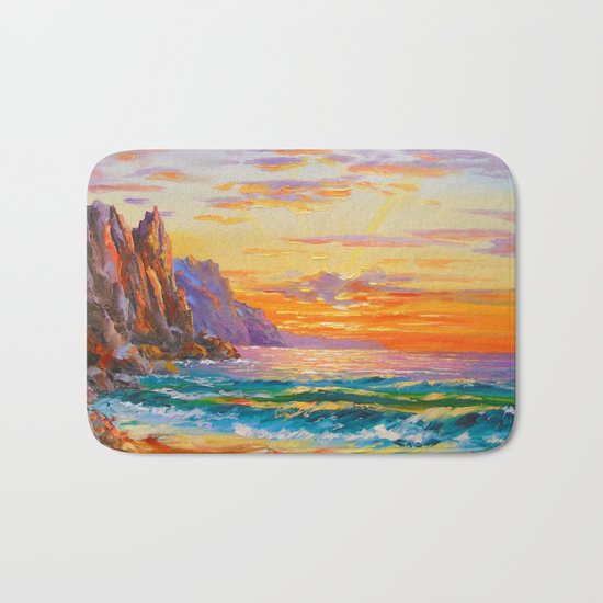 Sunset on the rocky shore Bath Mat