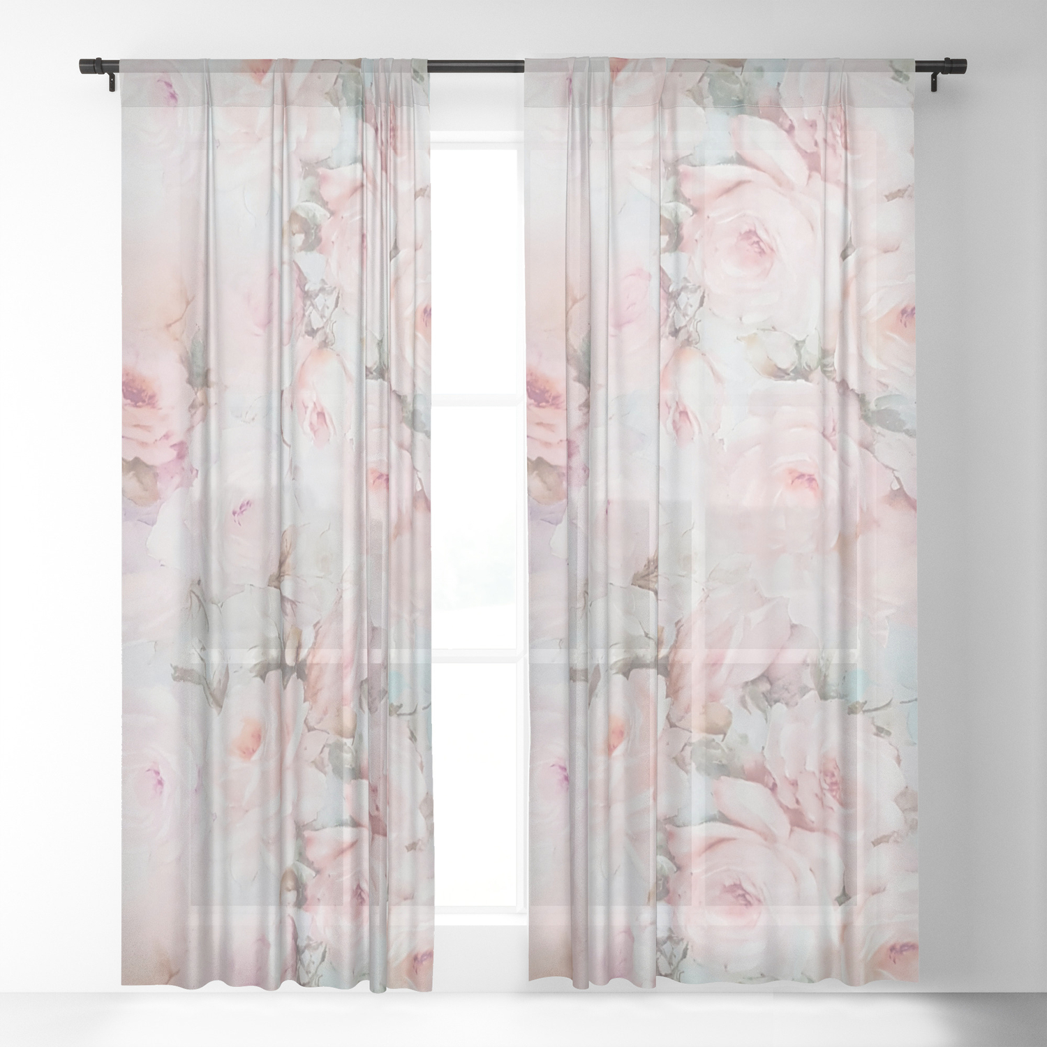 Vintage Romantic Blush Pink Teal Bohemian Roses Floral Sheer