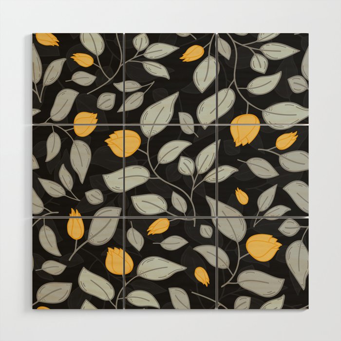Yellow tulips pattern on a black background Wood Wall Art