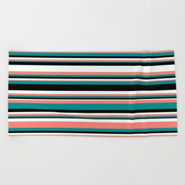 [ Thumbnail: Mint Cream, Salmon, Dark Cyan & Black Colored Lined/Striped Pattern Beach Towel ]