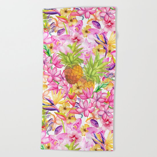 Tropical flower and pineapple watercolor art Beach Towel