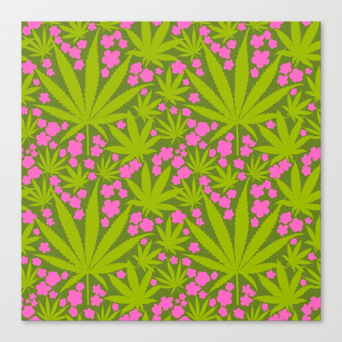 Bright Green And Hot Pink Cannabis Leaves And Flowers Retro Modern Botanical Scandi Floral Pattern Canvas Print
