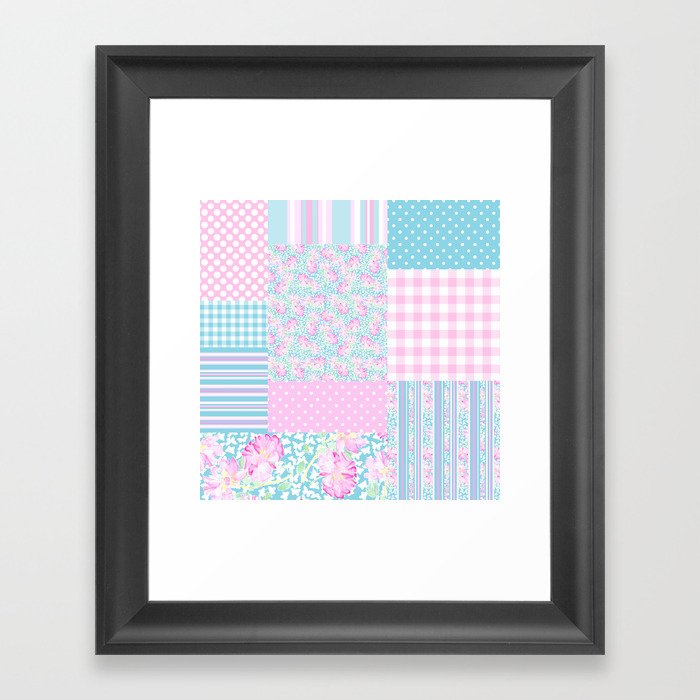 Roses and Butterflies Faux Patchwork Framed Art Print