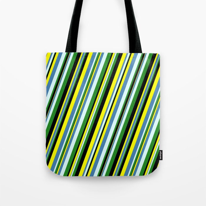 Yellow, Blue, Light Cyan, Forest Green, and Black Colored Stripes Pattern Tote Bag