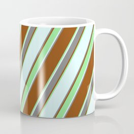 [ Thumbnail: Brown, Light Green, Light Cyan, and Grey Colored Lined Pattern Coffee Mug ]