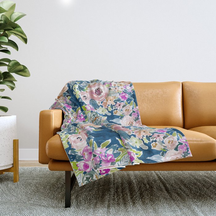NAVY SO LUSCIOUS Colorful Watercolor Floral Throw Blanket