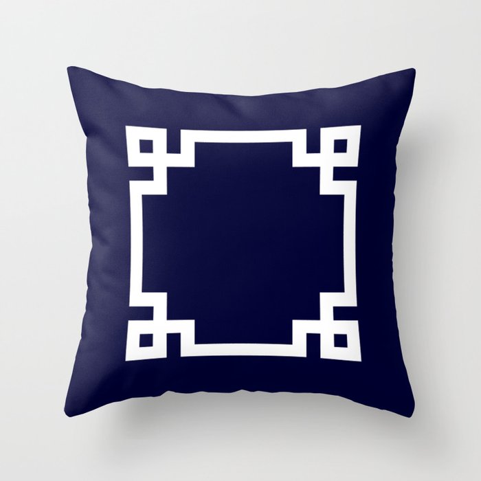Greek Key Square White On Navy Blue Throw Pillow
