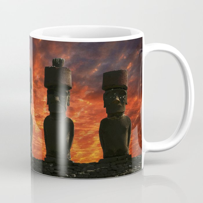 Five Moai statues with hat at sunset in the Easter Island. Coffee Mug