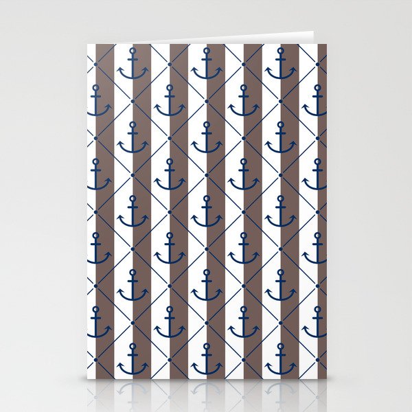 Navy Blue Anchor Pattern on White and Brown Stationery Cards
