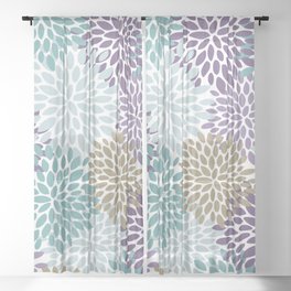 Floral Blooms, Purple, Teal, Gold Sheer Curtain