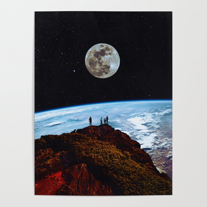 Moonlight Meeting - Space Collage, Retro Futurism, Sci-Fi Poster