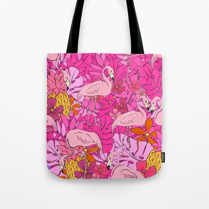 Flamingos on a background of tropical leaves and flowers. Seamless pattern. Flamingo cartoon element Tote Bag