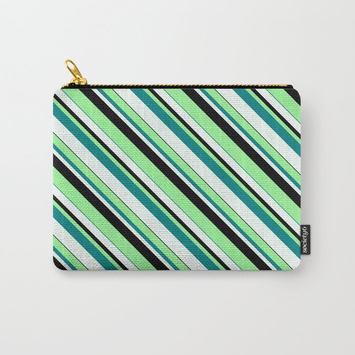 Green, Teal, Mint Cream & Black Colored Lined Pattern Carry-All Pouch