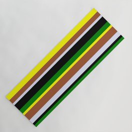 [ Thumbnail: Eye-catching Yellow, Sienna, Lavender, Black & Green Colored Striped Pattern Yoga Mat ]