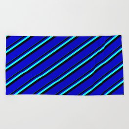 [ Thumbnail: Aqua, Black & Blue Colored Lines/Stripes Pattern Beach Towel ]