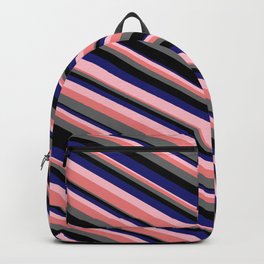[ Thumbnail: Eye-catching Pink, Light Coral, Dim Grey, Black, and Midnight Blue Colored Stripes Pattern Backpack ]
