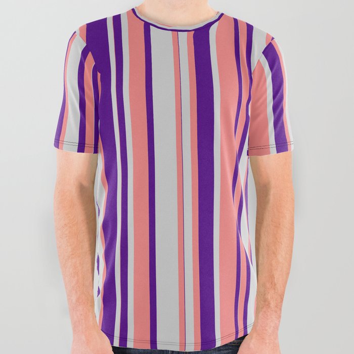 Light Coral, Light Gray & Indigo Colored Lines Pattern All Over Graphic Tee