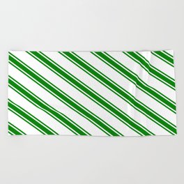 [ Thumbnail: White & Green Colored Striped/Lined Pattern Beach Towel ]