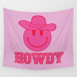 Happy Smiley Face Says Howdy - Preppy Western Aesthetic Wall Tapestry