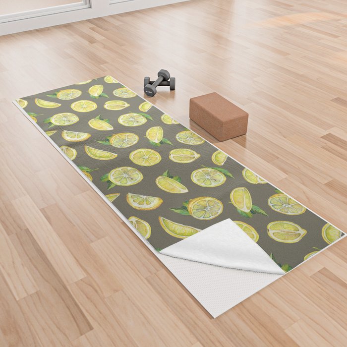 Watercolor seamless pattern on a gray background with lemons Yoga Towel