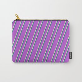 [ Thumbnail: Orchid, Tan & Teal Colored Stripes/Lines Pattern Carry-All Pouch ]