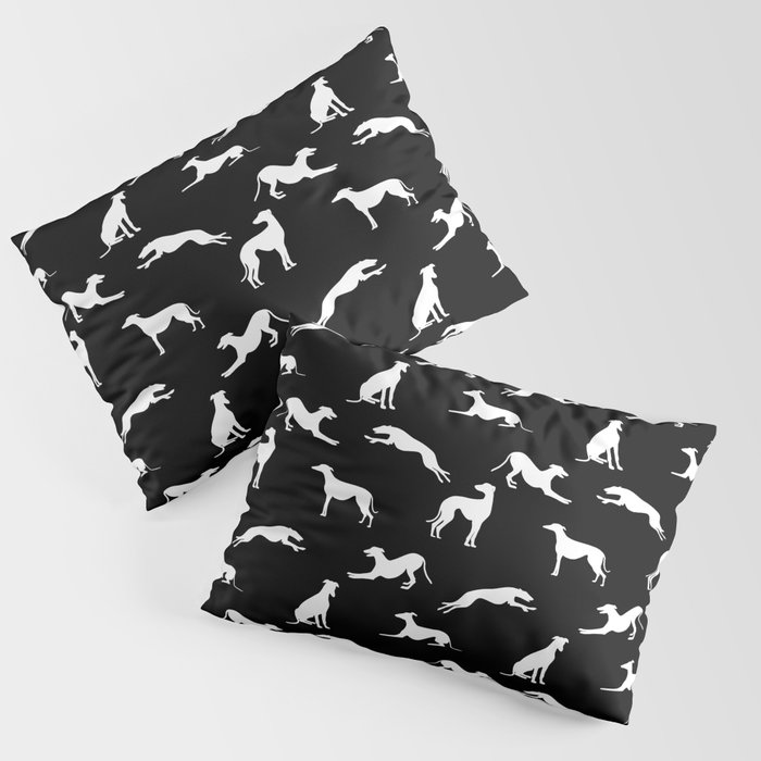 Greyhound Silhouettes White on Black Pillow Sham