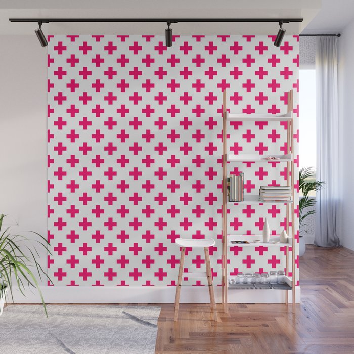 Hot Neon Pink Crosses on White Wall Mural