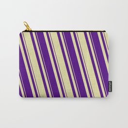 [ Thumbnail: Pale Goldenrod and Indigo Colored Striped/Lined Pattern Carry-All Pouch ]